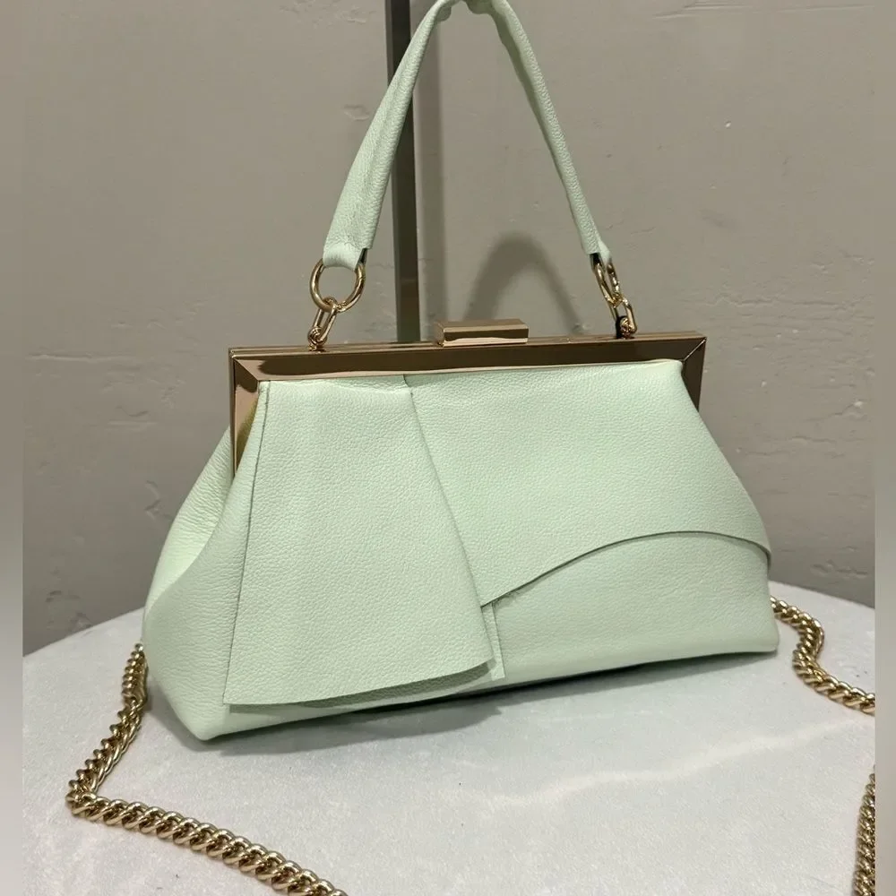 Genuine Leather Handmade Unique Asymmetrical Ruffles Frame Clutch Bag/Crossbaody